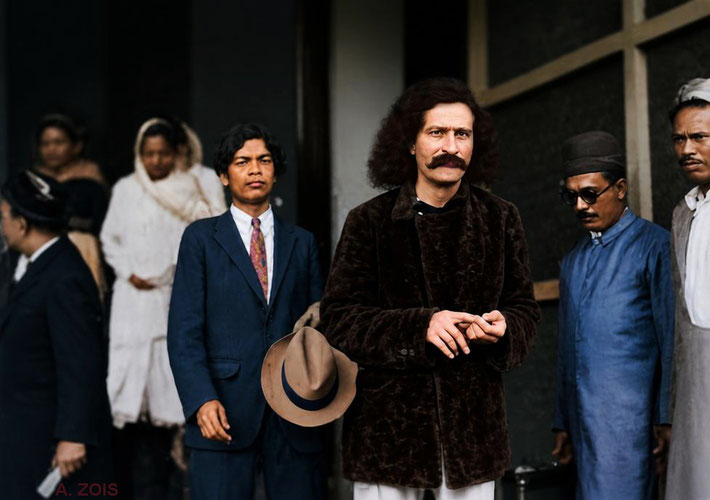 29th Aug. 1931. Meher Baba & Agha Ali arriving at Balland Pier, Bombay, India, prior to boarding the ship SS Rajputana. Image rendition by Anthony Zois.