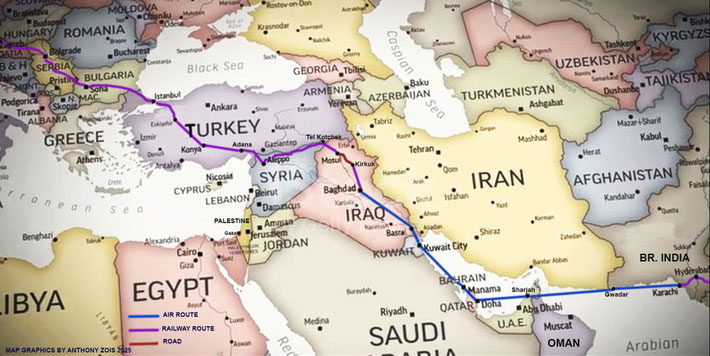 1936 : Meher Baba's routes by different modes of transport across the Middle East to London, U.K. Map graphics by A. Zois.