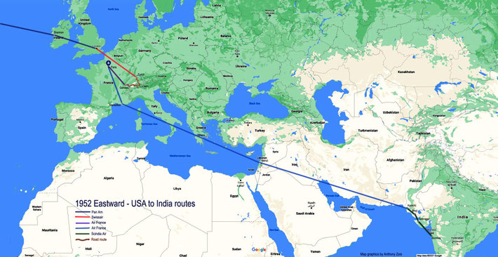 1952 : Detailed Eastward plane & road routes through Europe heading to India. Map graphics by Anthony Zois.