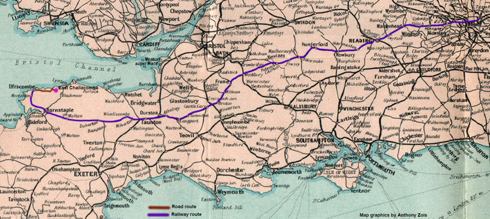 1931 : Routes taken to return to London by car & train. Map graphics by Anthony Zois.
