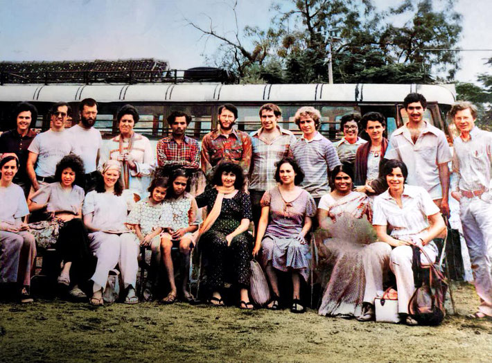 1977 - India. Alan is standing 2nd from the left & Karen is seated 3rd from the right. Image colourized by Anthony Zois.