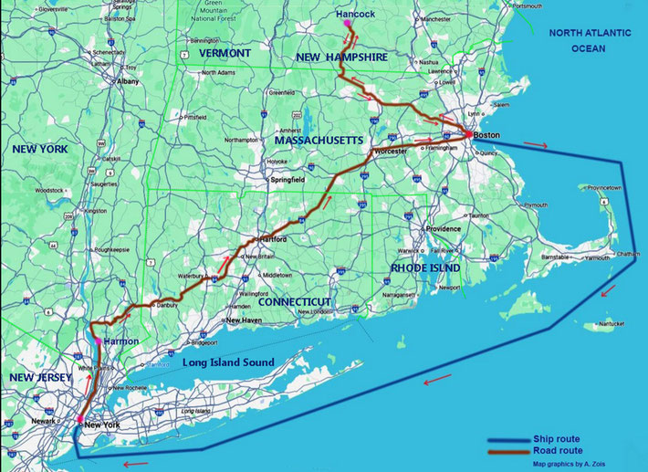 Map shows all the places travelled in the 1st visit to the U.S: the road to Harmon, the road route to Boston, the road route to Hancock, the return route to Boston, and then a ship to New York City. Map graphics by Anthony Zois.