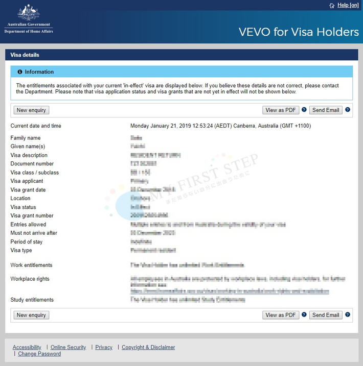 VEVO ビザ情報表示画面