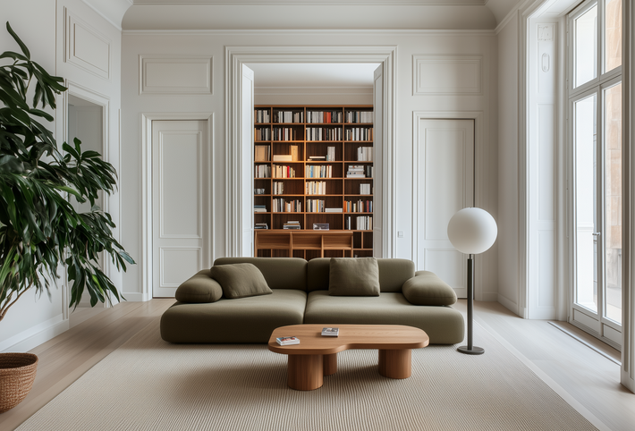 Elegante Einrichtungsplanung für ein Altbau-Wohnzimmer in Zürich mit modernem Sofa und maßgefertigtem Bücherregal
