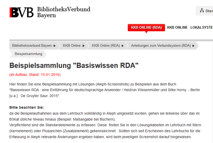 Screenshot von der Beispielsammlung "Basiswissen RDA" auf KKB online