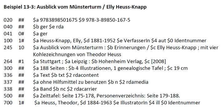Screenshot eines Beispiels aus dem Lehrbuch im Format MARC 21