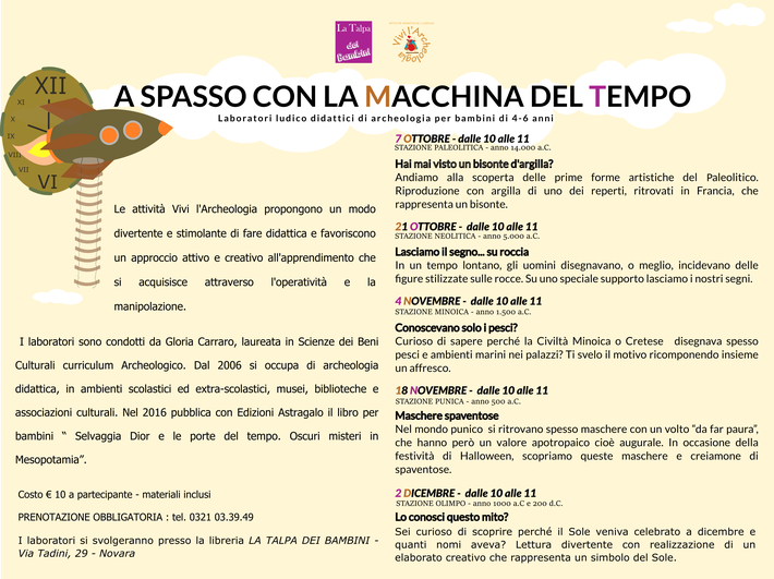 Eventi per bambini a Novara. Laboratori di Archeologia per bambini. Vivi l'Archeologia. Gloria Carraro. Libreria La Talpa