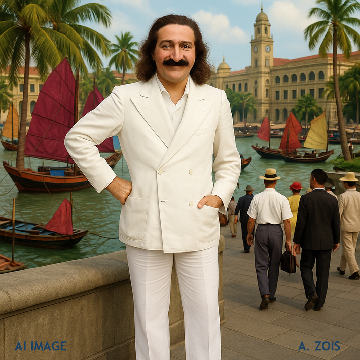 This is a AI produced image depicting Meher Baba in Singapore ( Malay Straits -Br.), based on Baba's photo taken in Nanking in 1932. Image produced by Anthony Zois.