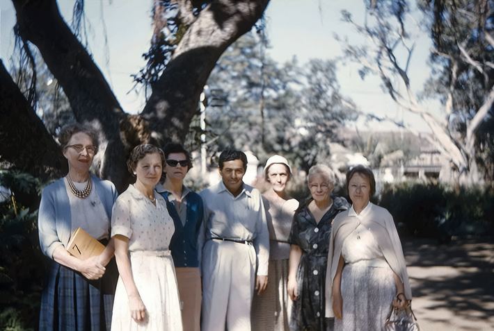 1962 - Poona, India. ( L-R ) Millie Chant, Grace Swan, Beryl, Jal Irani ( Baba's brother ) Gladys Hewitt, Dulcie Morris & Judith Humphries. Image enhanced by Anthony Zois.