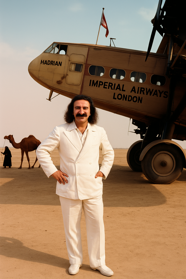 This AI created image shows Meher Baba Gwadar airfield after flying in from Karachi to Baghdad, Iraq, Image produced by Anthony Zois.