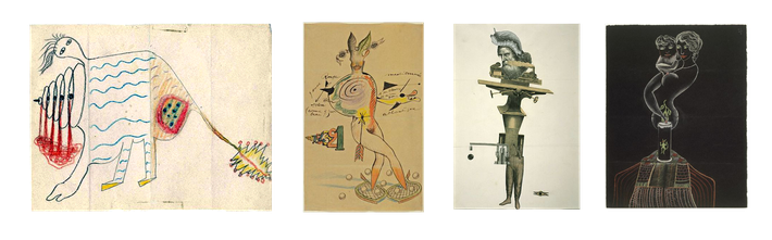 Cadavres Exquis examples ( André Breton, Camille Goemans,  Jacques Prévert, Man Ray, Joan Miro, Max Morise, Yves Tanguy)