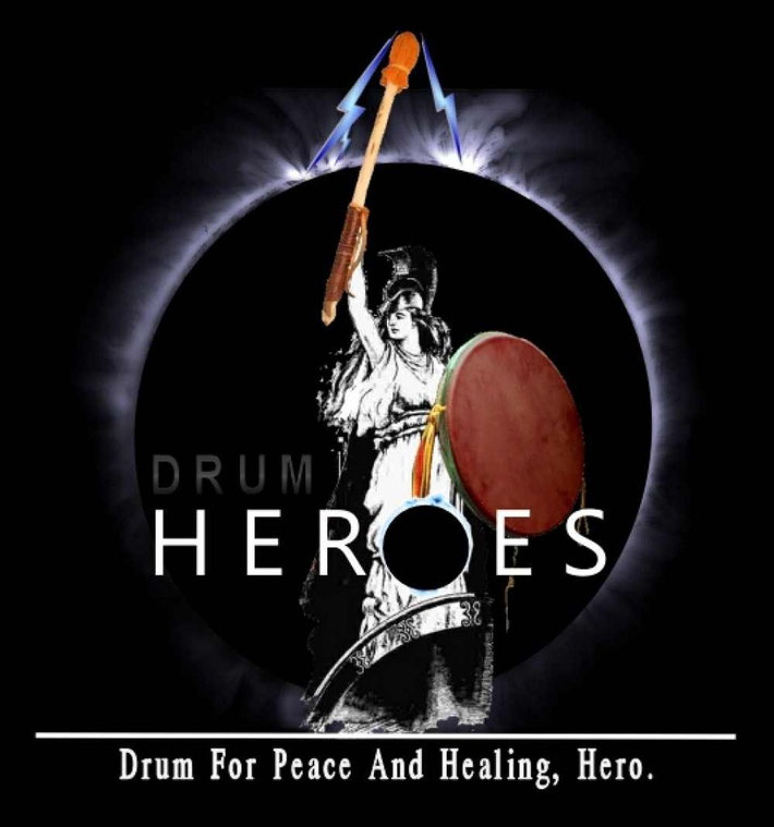 The Britannia figure outfitted with a drum and drumstick against the background of a mashup of an eclipse, a black fill and some lightning. Ka-pow!