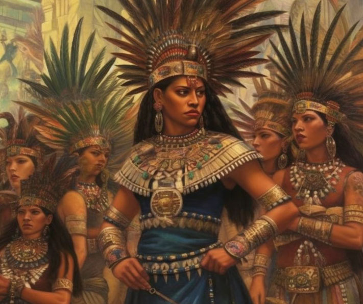 A regal Aztec woman in elaborate jewelry and a feathered headdress, leading a group of similarly adorned women, evoking strength, power, and high status in an ancient setting.