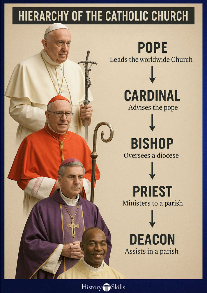 Visual chart showing the Catholic Church hierarchy from deacon to pope, with roles described and corresponding clergy dressed in liturgical garments.
