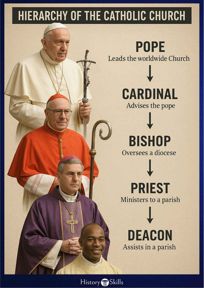 Visual chart showing the Catholic Church hierarchy from deacon to pope, with roles described and corresponding clergy dressed in liturgical garments.