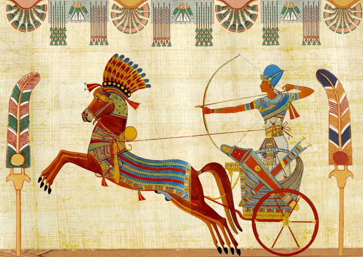 Ancient Egyptian artwork depicting a pharaoh riding a chariot and drawing a bow, with a decorated horse in motion and detailed patterns throughout.