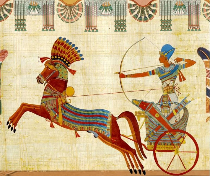 Ancient Egyptian artwork depicting a pharaoh riding a chariot and drawing a bow, with a decorated horse in motion and detailed patterns throughout.