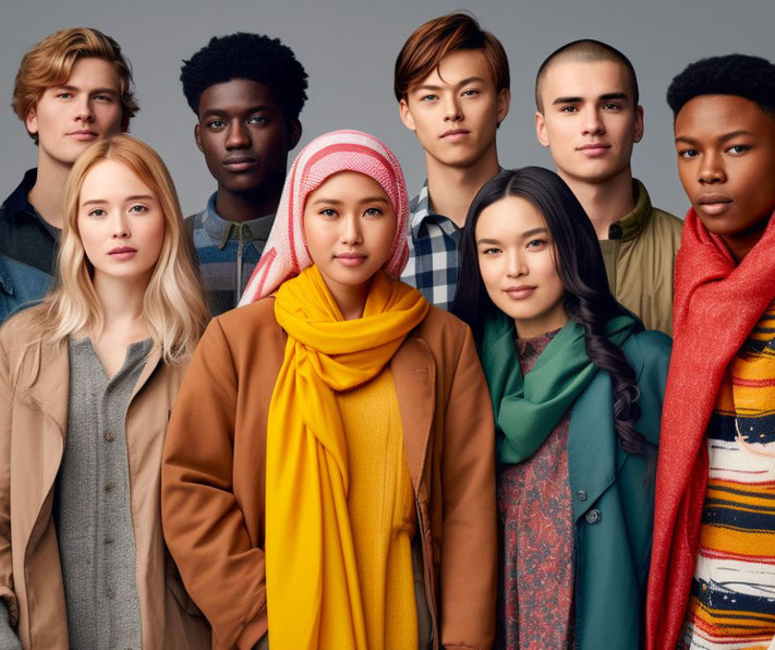 A diverse group of modern humans from various ethnic backgrounds