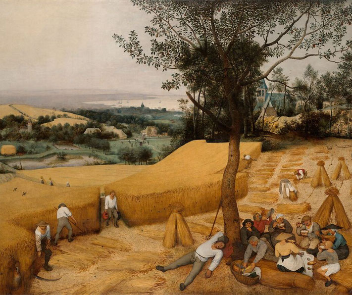 The Harvesters by Pieter Bruegel the Elder, showing peasants harvesting wheat, resting, and eating in a rural landscape, capturing daily life in the 16th century.