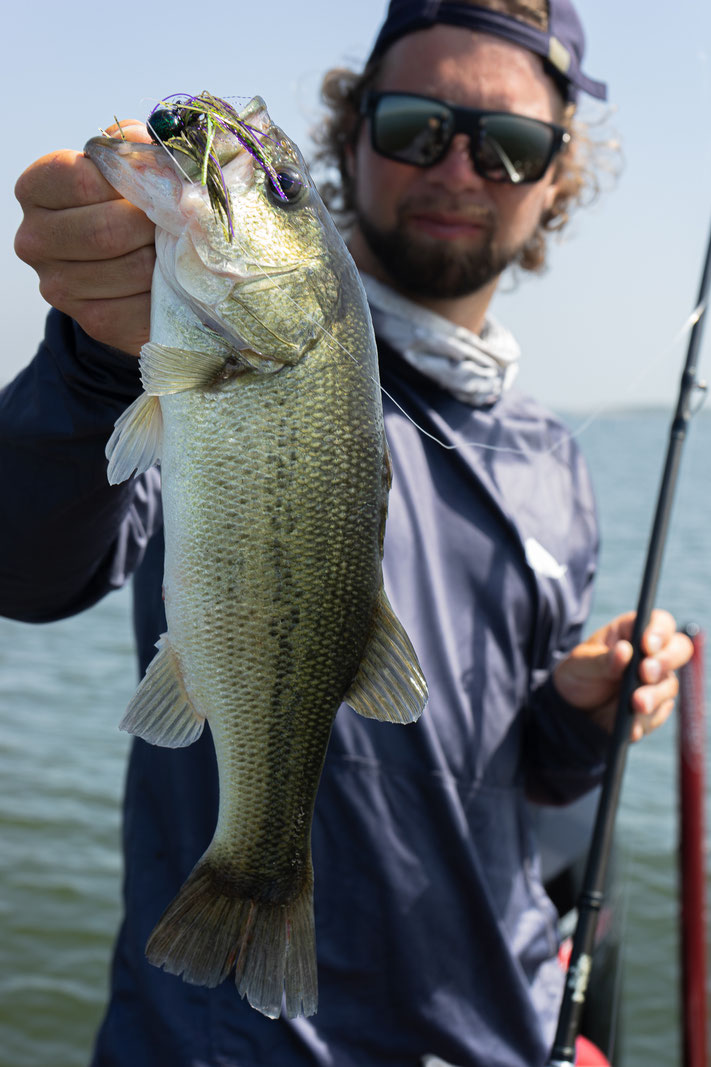 my smallest fish from the trip and also the only one on a jig. I tried hard to catch a good one on a jig because I found such cool jigs but unfortunately I lost most jigs to the underwater cover before they ever got into contact with a fish...