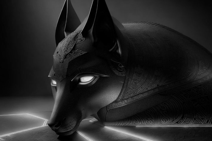 pyramiden in der wüste mit gott anubis im hintergrund