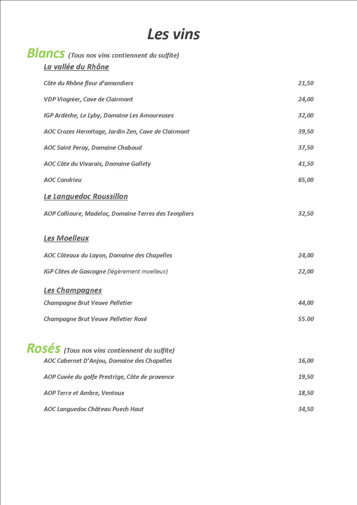 carte des vins restaurant le briand à valence
