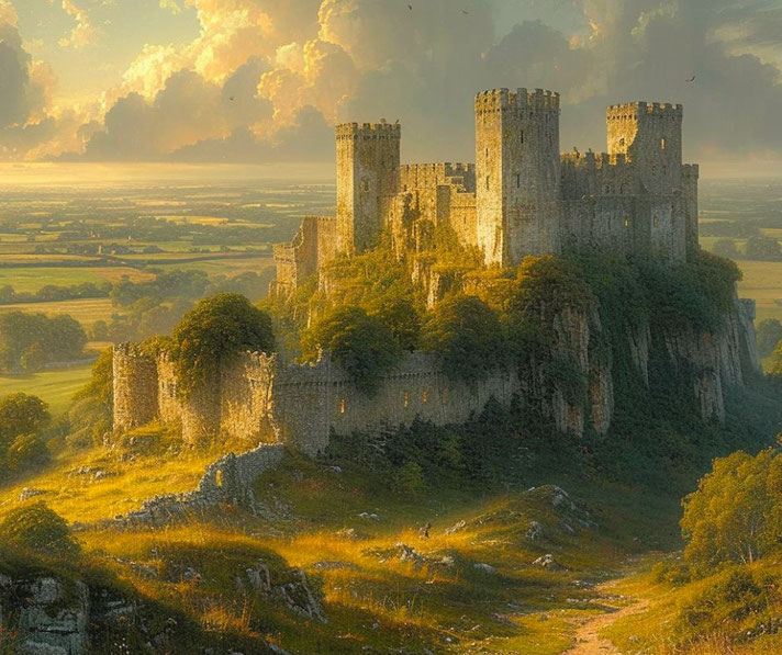 A majestic medieval castle atop a rocky hill, bathed in golden sunlight. Lush greenery and ruins surround it, with a vast landscape stretching into the horizon under a dramatic sky.