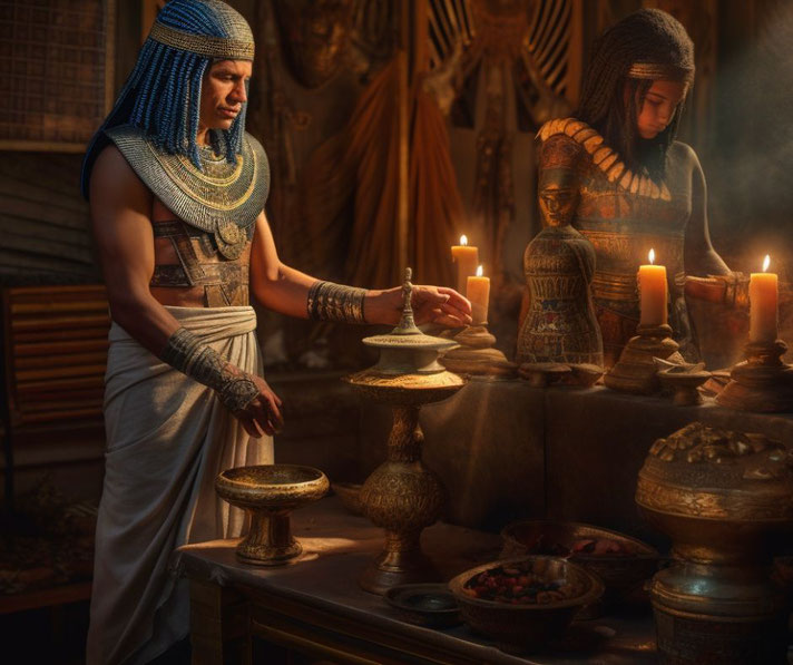 A Pharaoh receiving offerings for his ka