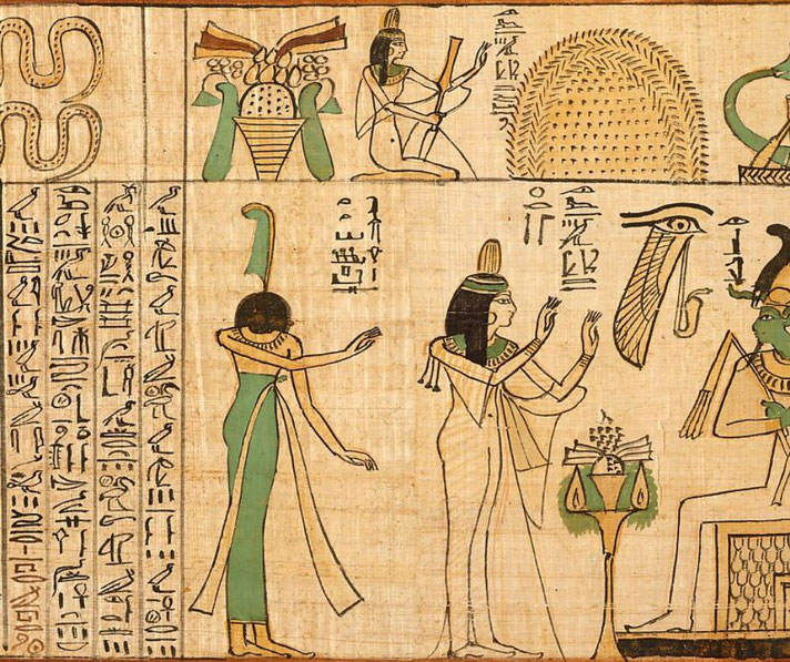 Papyrus scroll depicting Nauny's heart being weighed against Maat, overseen by Osiris, Anubis, and Thoth.