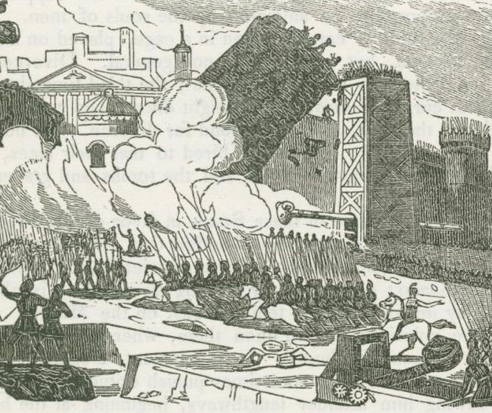 Woodcut-style illustration of a chaotic siege on a fortified city with soldiers, spears, catapults, and collapsing structures.