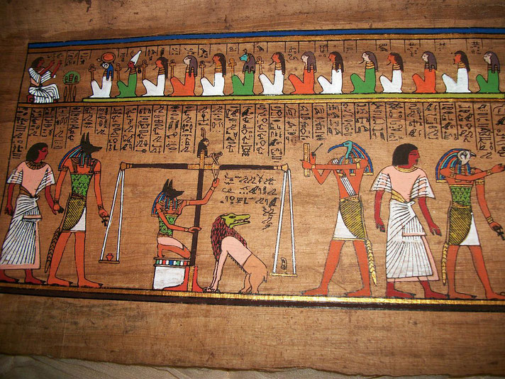 Ancient Egyptian papyrus showing the "Weighing of the Heart" scene with gods, scales, hieroglyphs, and mythical creatures.