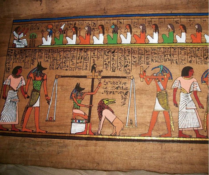Ancient Egyptian papyrus showing the "Weighing of the Heart" scene with gods, scales, hieroglyphs, and mythical creatures.