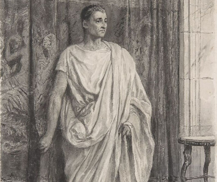 Black-and-white drawing of a Roman man in a toga standing near curtains, gazing thoughtfully out of frame.