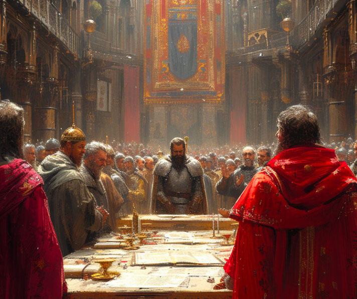 A grand medieval ceremony in a lavish hall, where a knight stands before nobles and clergy at a table with documents and golden artifacts.