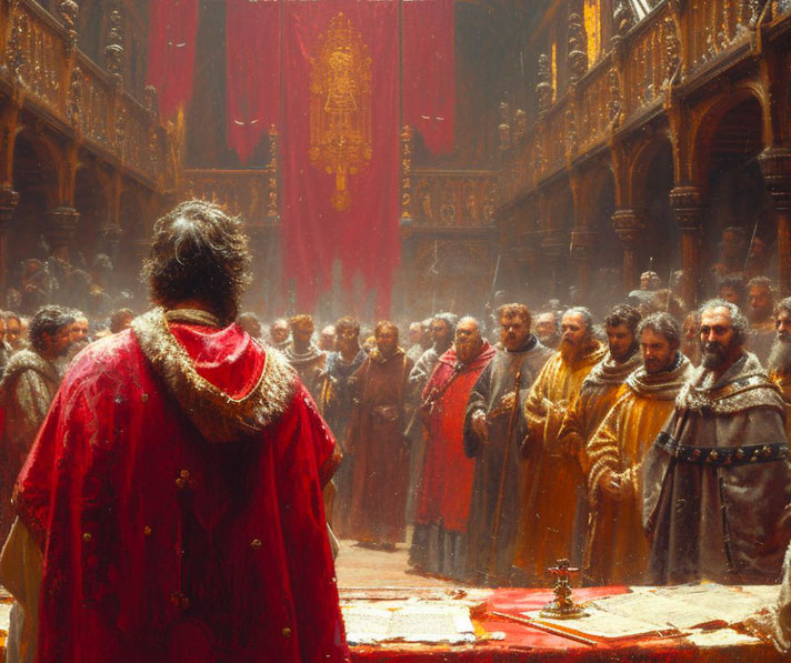 A medieval ruler in a red robe addressing a gathering of nobles in a grand hall.