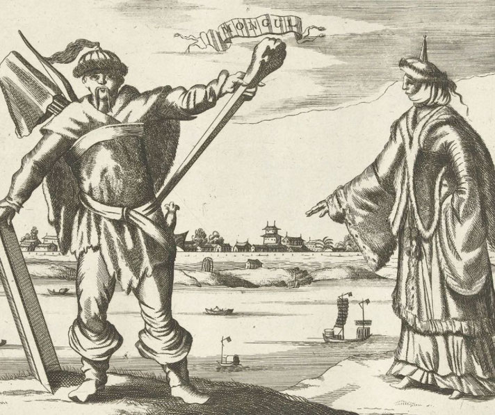 A black-and-white historical illustration depicting a warrior with a sword and shield facing a noble figure in a fur-lined robe.