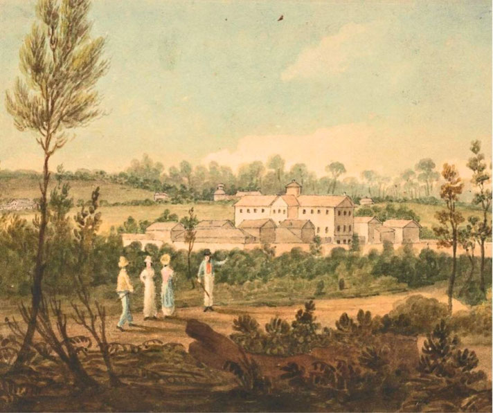 A watercolor painting of a large colonial-era building, possibly a prison or barracks, surrounded by greenery. In the foreground, four people in period clothing walk along a dirt path.