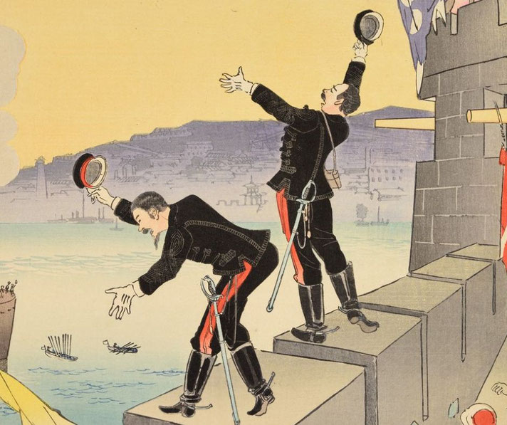 Two uniformed men salute arriving boats from a fortress ledge, their hats raised high as a gesture of greeting.