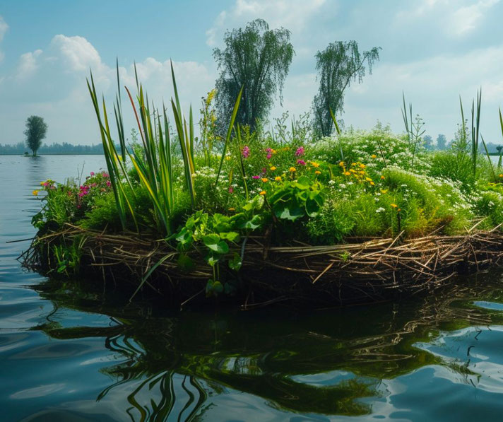 A lush floating island made of reeds and plants, covered in vibrant flowers and greenery, floating on a calm lake with trees in the background under a partly cloudy sky.