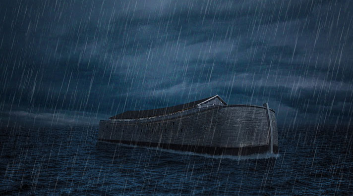 A large wooden ark floating on dark, stormy seas under heavy rainfall, set against a dramatic, moody sky, evoking a sense of the biblical flood.