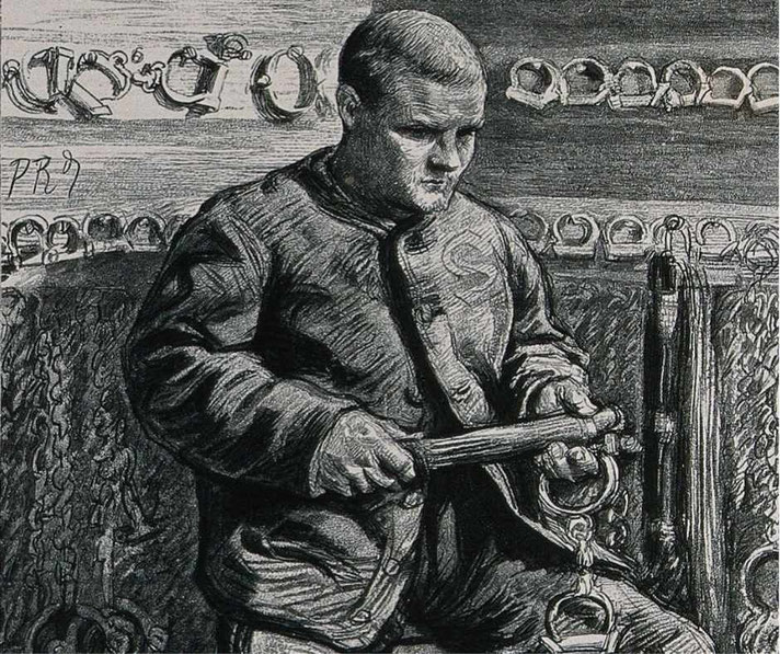 A stern-looking man in a heavy jacket holding a wooden tool and shackles. Behind him, rows of handcuffs and chains hang.