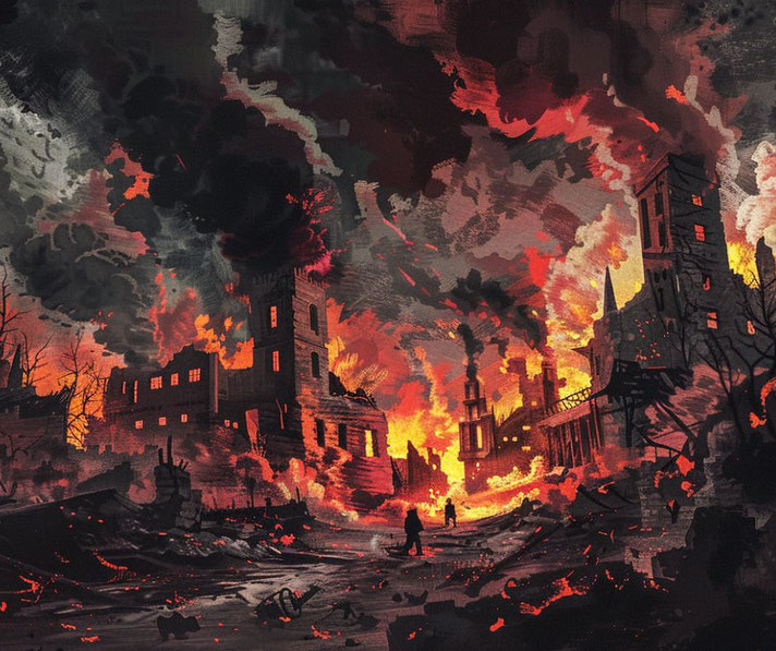 A fiery urban landscape shows buildings engulfed in flames and thick smoke, with two small figures walking through the ruins under a dark, chaotic sky.