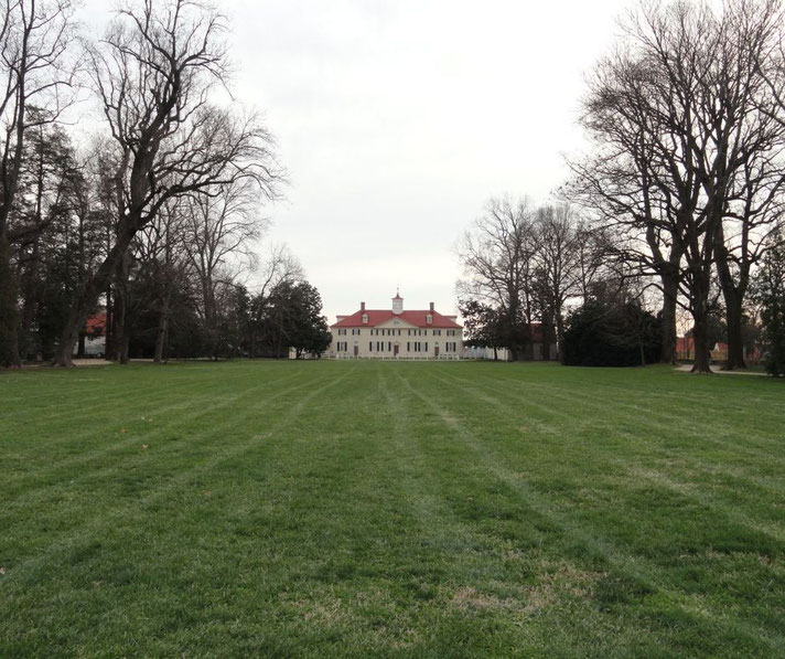 Large colonial-style mansion with a red roof seen across a wide grassy lawn, flanked by tall leafless trees under an overcast sky.