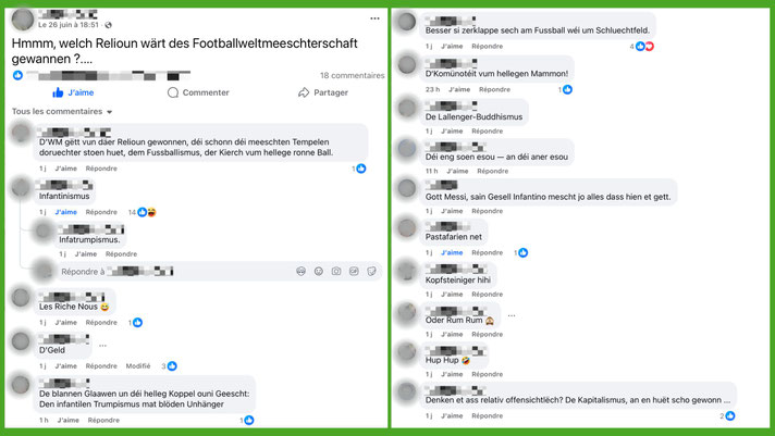 ▲ Facebook-Post mat der Fro "Hmmm, welch Relioun wärt des Footballweltmeeschterschaft gewannen?" an d'Kommentaren.