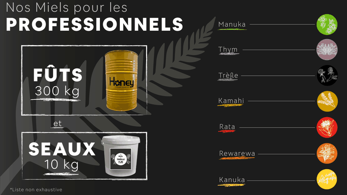 Miels pour les professionnels fûts de 300kg et seaux de 10kg Puri New Zealand Manuka, Thym, Trèfle, Kamahi, Rata, Rewarewa, Kanuka