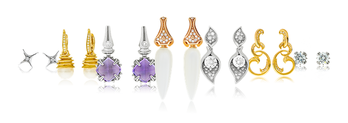 Handgefertigter Ohrschmuck aus diversen Edelmetallen mit farbigen Edelsteinen und Diamanten aus dem Atelier der Goldschmiede OBSESSION Zürich und Wetzikon