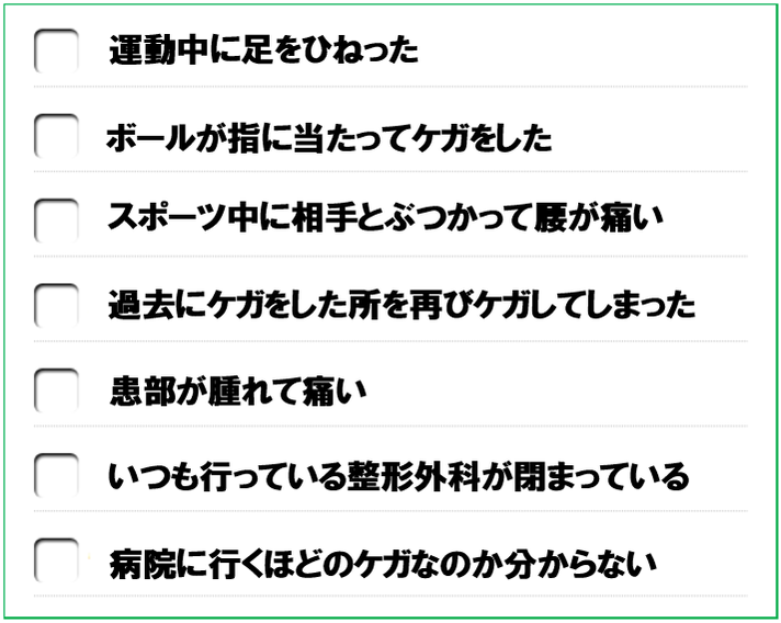 運動中に足をひねった　ボールが指に当たって怪我をした　スポーツ中に相手とぶつかって腰が痛い　過去にケガした所を再びケガしてしまった　患部が腫れて痛い　いつも行っている整形外科が閉まっている　病院に行くほどのケガなのか分からない