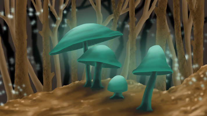 Digital Art "Glühende Pilze": Pilze in grünblauer Farbe, die etwas leuchten, im Hintergrund düsterer Wald mit Glühwürmchen