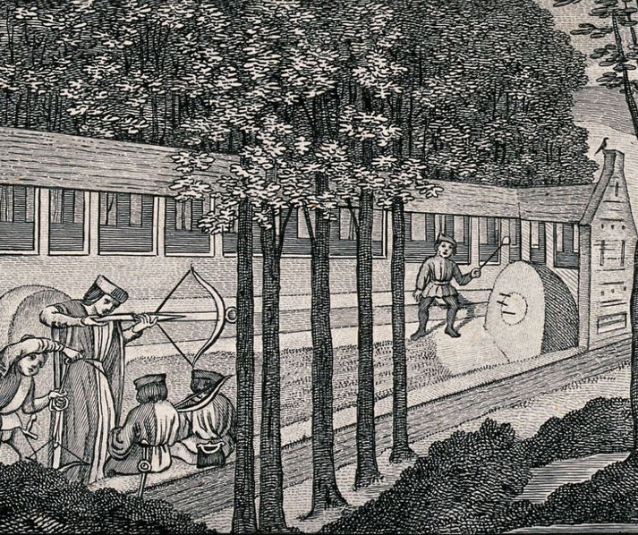 A medieval scene with people engaging in various activities. One man is aiming a bow, while others prepare arrows and adjust their bows.