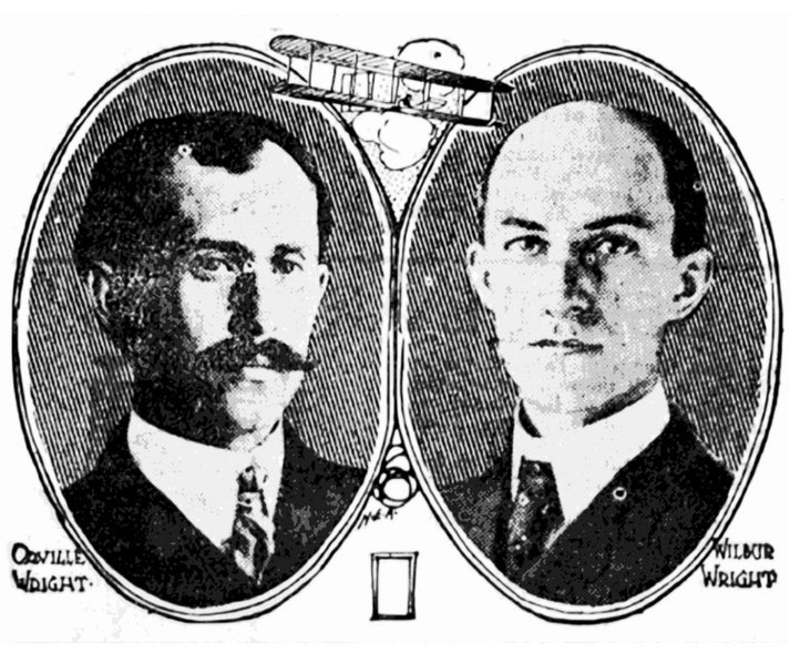 A vintage illustration shows Orville and Wilbur Wright in portrait frames with a biplane flying above them.